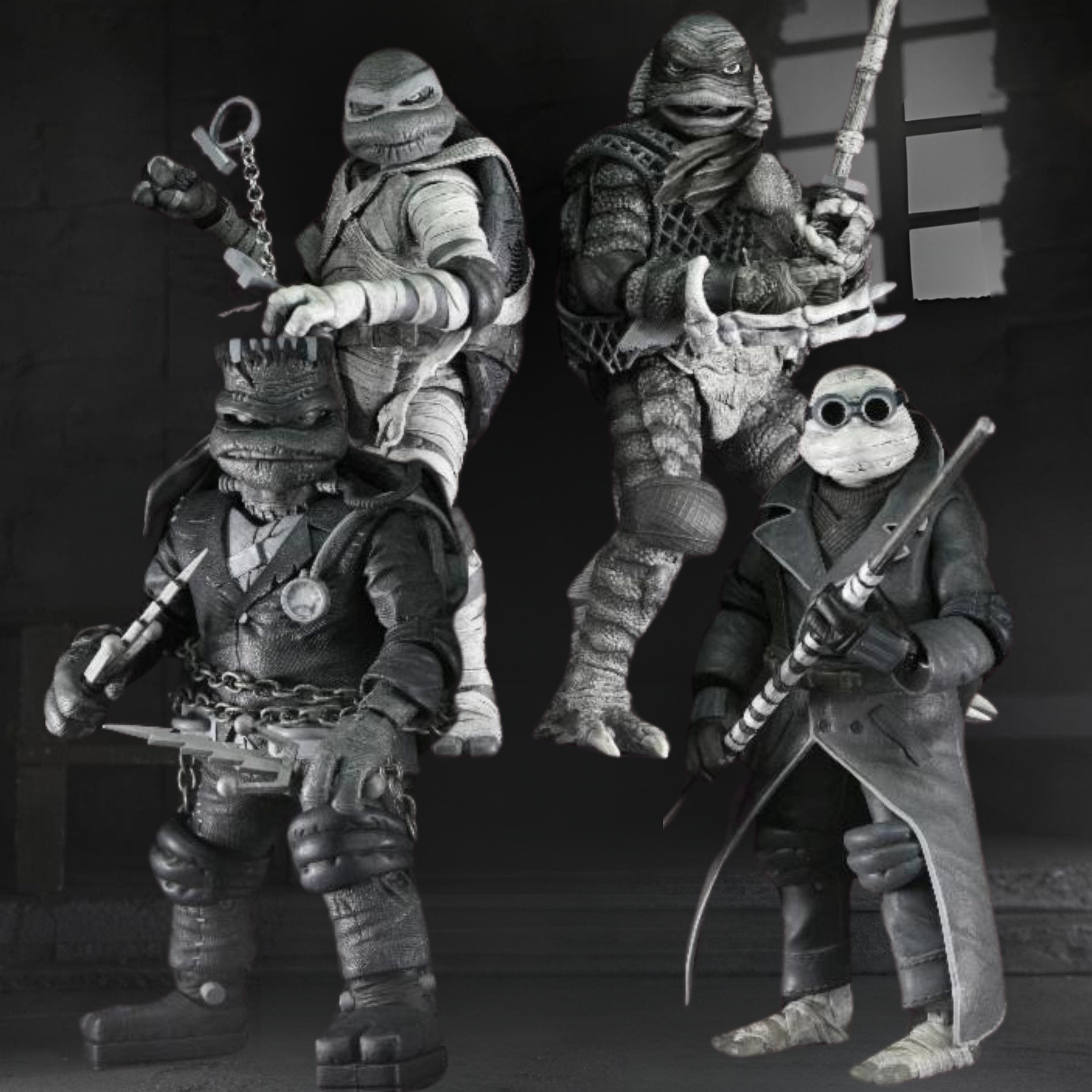 neca universal monsters/teenage mutant ninja turtles Universal Monsters x Teenage Mutant Ninja Turtles Black & White Action Figure 4-Pack