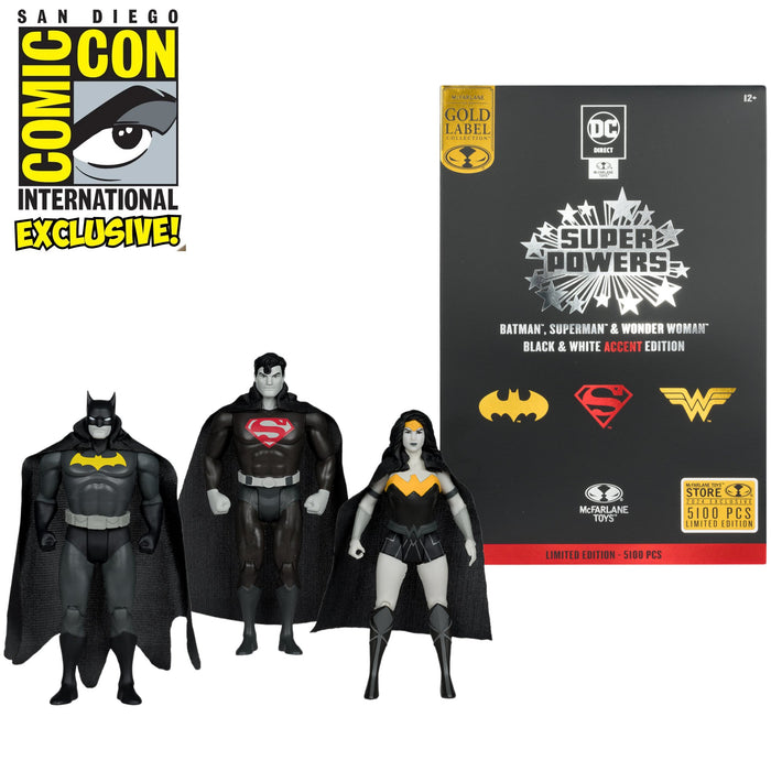 DC Super Powers SDCC Exclusive Gold Label Batman, Superman, & Wonder Woman 3-Pack (Black & White Accent)